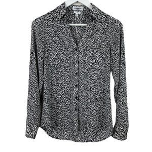 EXPRESS Portofino Womens XS Slim Black White Long Sleeve Button Up Top Blouse